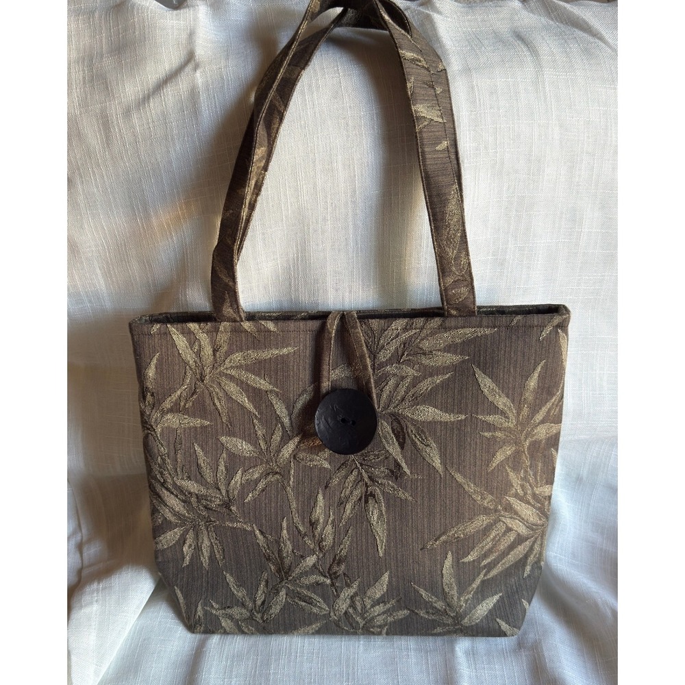 Sarah Lincoln City Oregon Bamboo Leaf Jacquard Tote Bag Brown Gold Metallic
